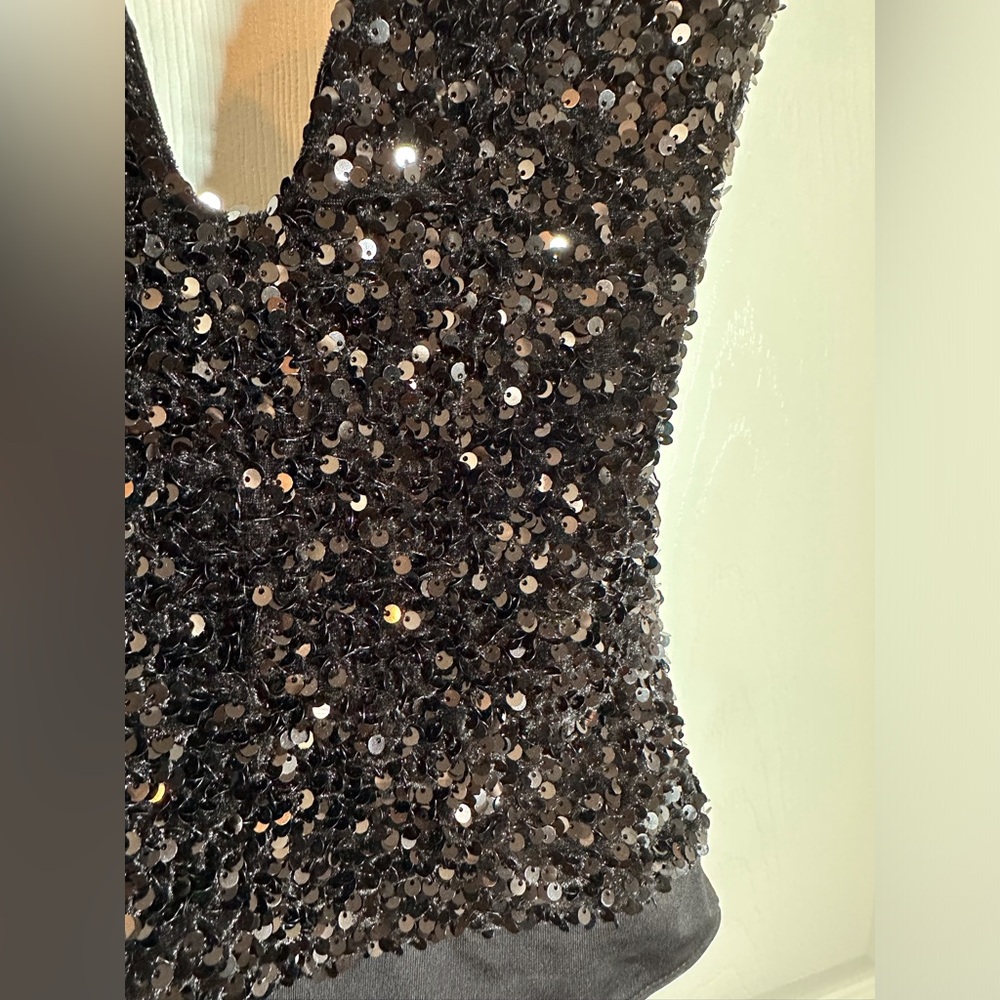 Black Sequinned Deep-Plunge Strapless Bodysuit Small - Picture 9 of 12